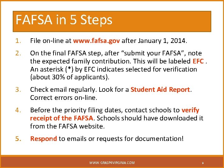 FAFSA in 5 Steps 1. File on-line at www. fafsa. gov after January 1,