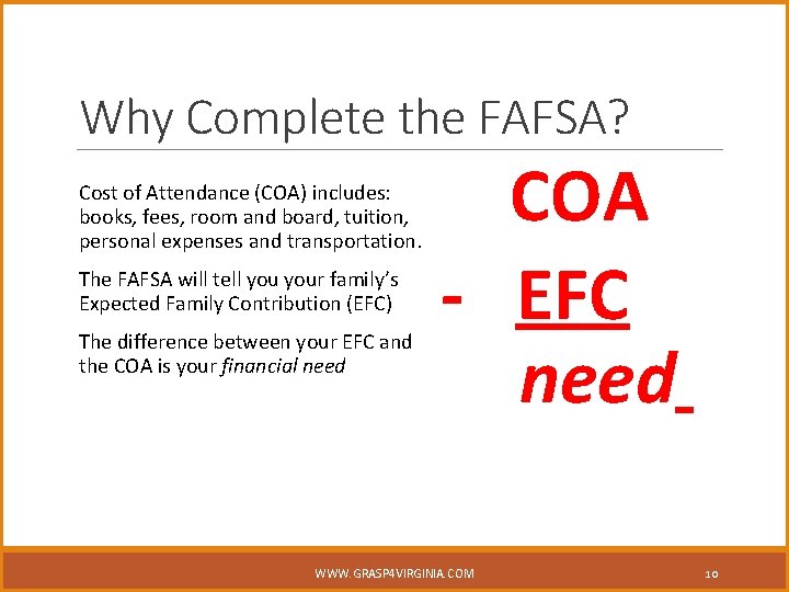Why Complete the FAFSA? Cost of Attendance (COA) includes: books, fees, room and board,
