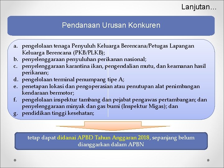 Lanjutan… Pendanaan Urusan Konkuren a. pengelolaan tenaga Penyuluh Keluarga Berencana/Petugas Lapangan Keluarga Berencana (PKB/PLKB);