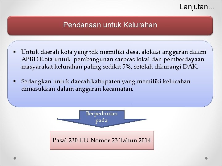 Lanjutan… Pendanaan untuk Kelurahan § Untuk daerah kota yang tdk memiliki desa, alokasi anggaran