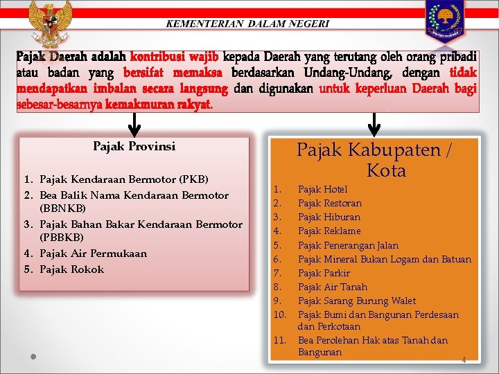 Pajak Provinsi 1. Pajak Kendaraan Bermotor (PKB) 2. Bea Balik Nama Kendaraan Bermotor (BBNKB)