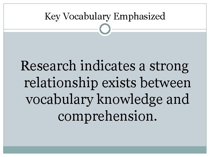 Key Vocabulary Emphasized Research indicates a strong relationship exists between vocabulary knowledge and comprehension.