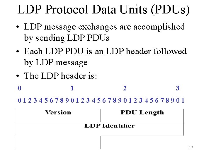 LDP Protocol Data Units (PDUs) • LDP message exchanges are accomplished by sending LDP