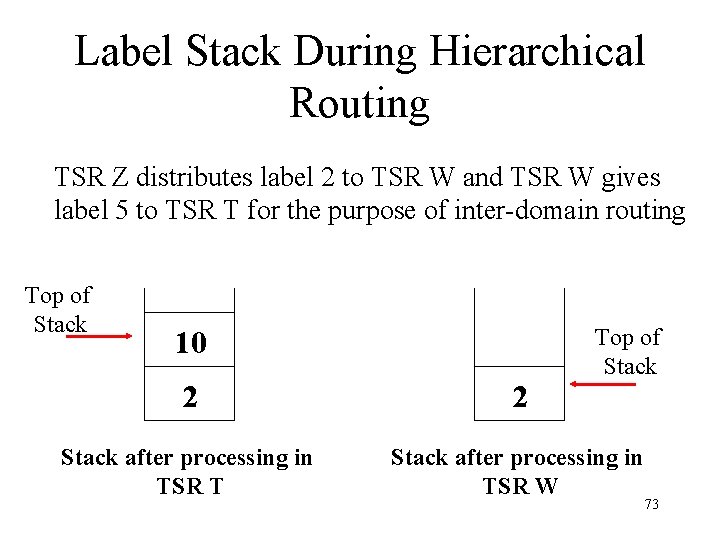 Label Stack During Hierarchical Routing TSR Z distributes label 2 to TSR W and