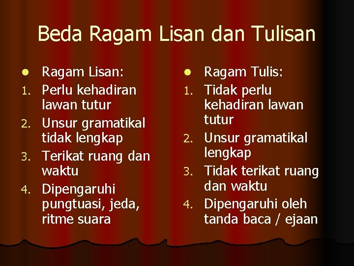 Beda Ragam Lisan dan Tulisan l 1. 2. 3. 4. Ragam Lisan: Perlu kehadiran