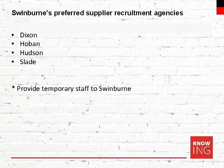 Swinburne’s preferred supplier recruitment agencies • Clicks • • Dixon Hoban Hudson Slade *