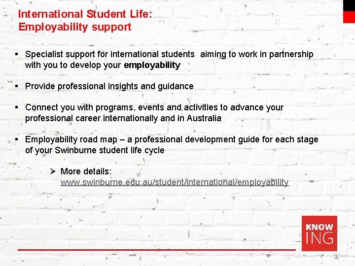 International Student Life: Employability support Swinburne § Specialist support for international students aiming to