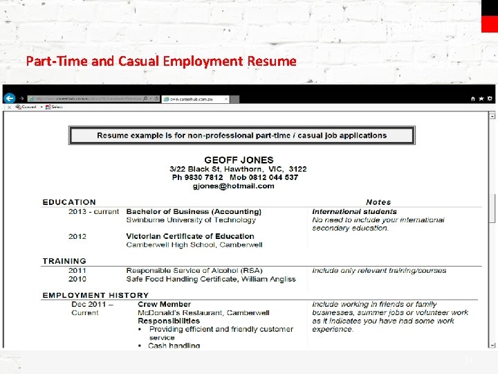 Swinburne Part-Time and Casual Employment Resume 31 