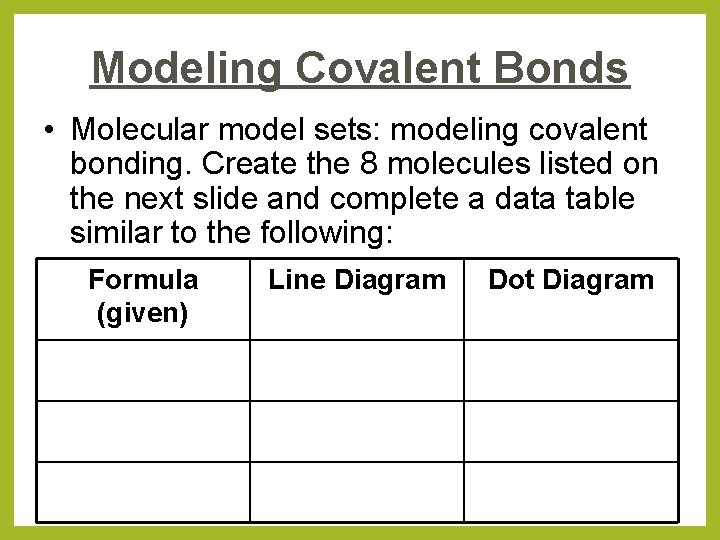 Modeling Covalent Bonds • Molecular model sets: modeling covalent bonding. Create the 8 molecules