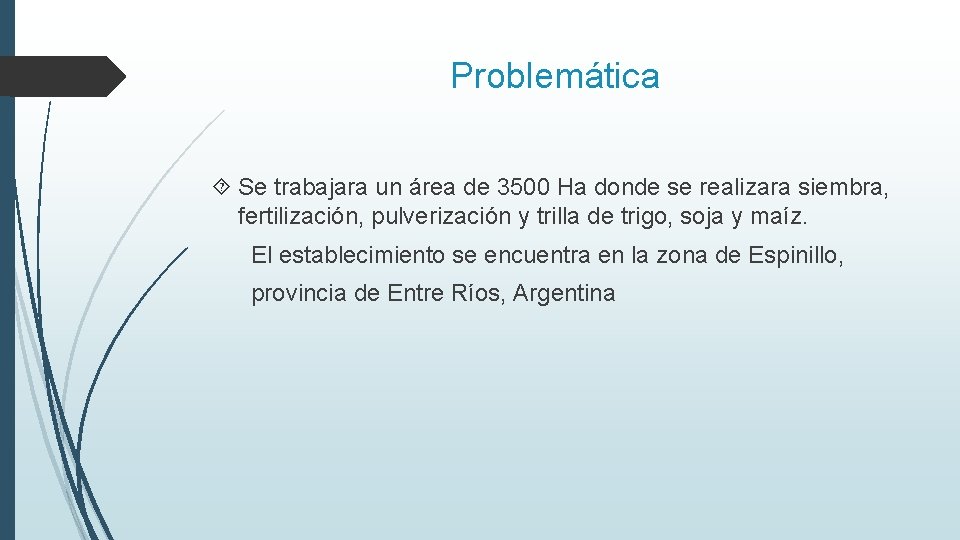 Problemática Se trabajara un área de 3500 Ha donde se realizara siembra, fertilización, pulverización