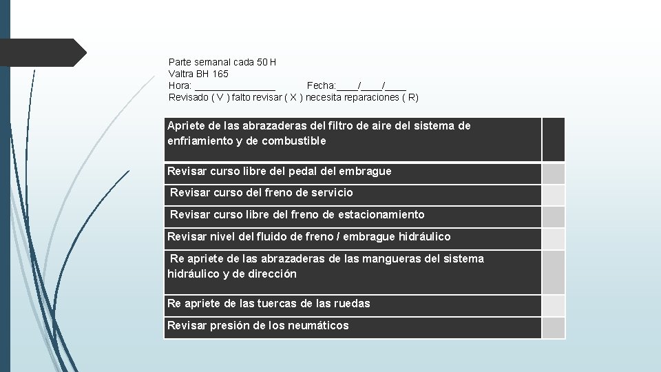 Parte semanal cada 50 H Valtra BH 165 Hora: ________ Fecha: ____/____ Revisado (