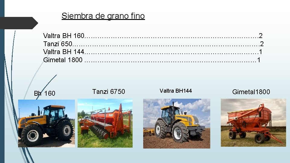 Siembra de grano fino Valtra BH 160…………………………………. 2 Tanzi 650……………………………………. 2 Valtra BH 144………………………………….