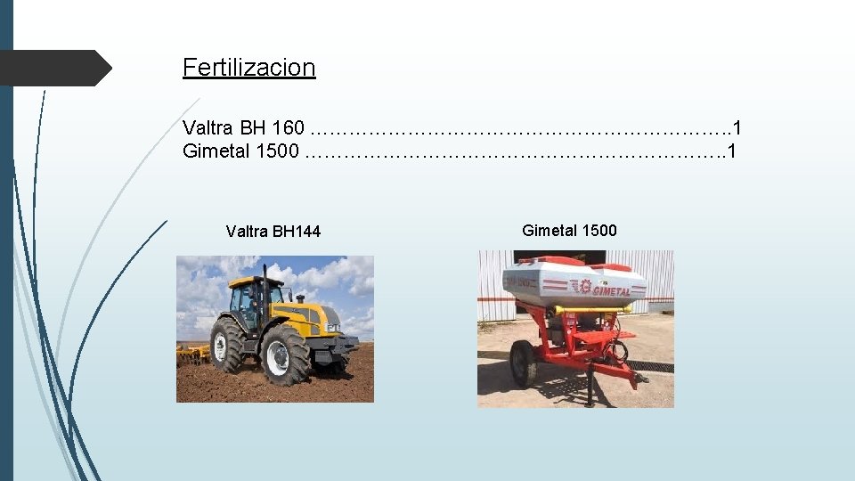 Fertilizacion Valtra BH 160 ……………………………. . 1 Gimetal 1500 ……………………………. . 1 Valtra BH