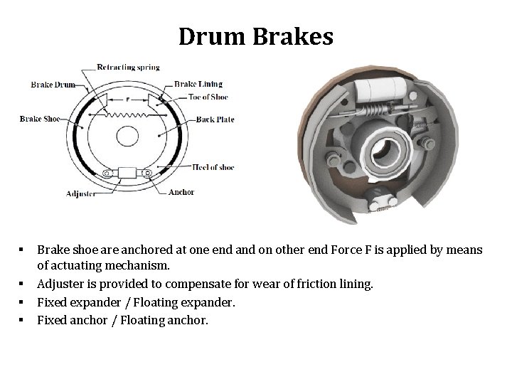 Drum Brakes § § Brake shoe are anchored at one end and on other