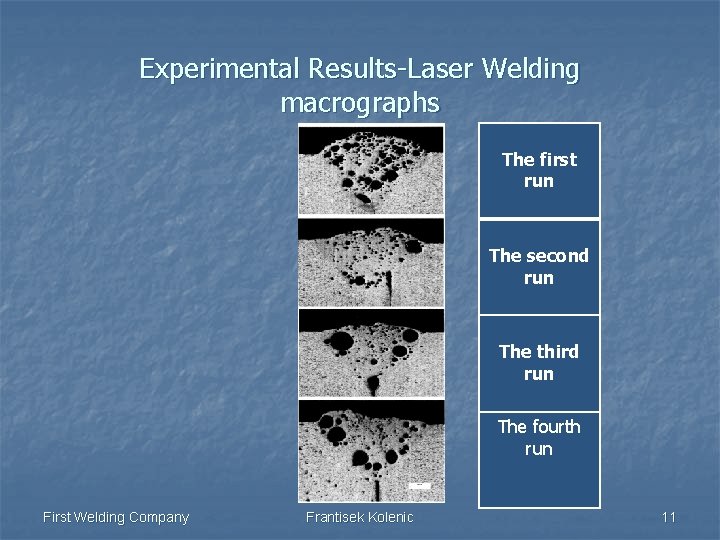 Experimental Results-Laser Welding macrographs The first run The second run The third run The