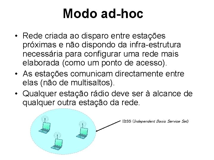 Modo ad-hoc • Rede criada ao disparo entre estações próximas e não dispondo da