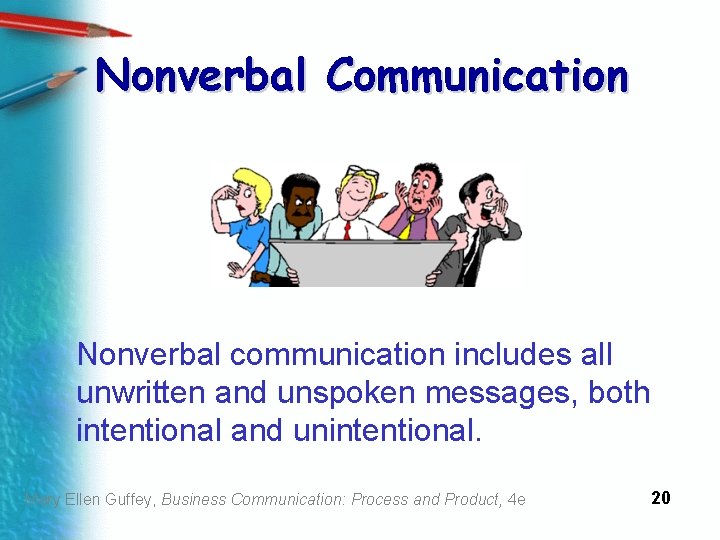 Nonverbal Communication Nonverbal communication includes all unwritten and unspoken messages, both intentional and unintentional.