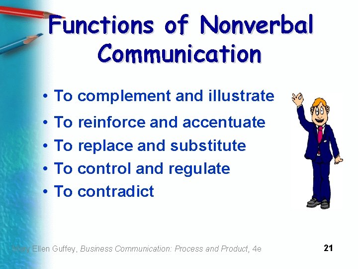 Functions of Nonverbal Communication • To complement and illustrate • • To reinforce and