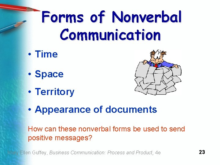 Forms of Nonverbal Communication • Time • Space • Territory • Appearance of documents