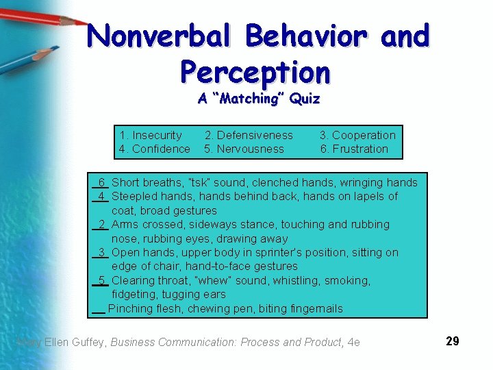 Nonverbal Behavior and Perception A “Matching” Quiz 1. Insecurity 4. Confidence 2. Defensiveness 5.