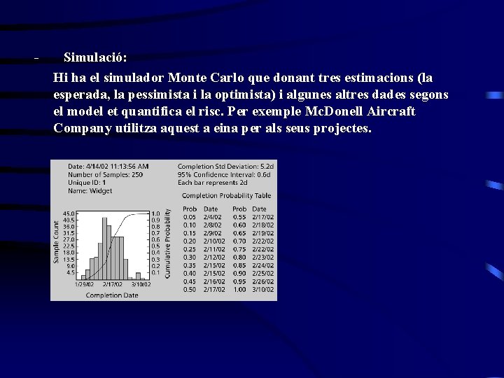 - Simulació: Hi ha el simulador Monte Carlo que donant tres estimacions (la esperada,