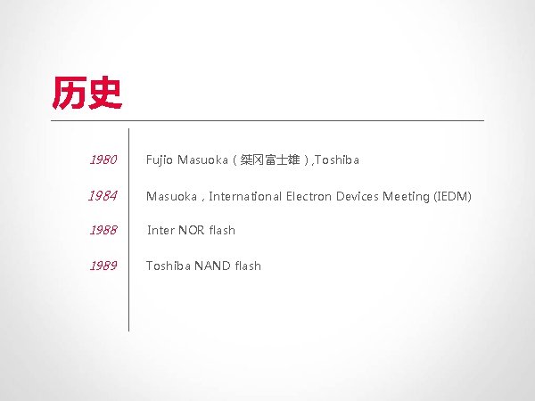 历史 1980 Fujio Masuoka（桀冈富士雄）, Toshiba 1984 Masuoka，International Electron Devices Meeting (IEDM) 1988 Inter NOR