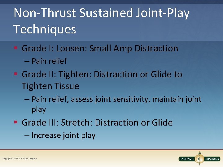 Non-Thrust Sustained Joint-Play Techniques § Grade I: Loosen: Small Amp Distraction – Pain relief