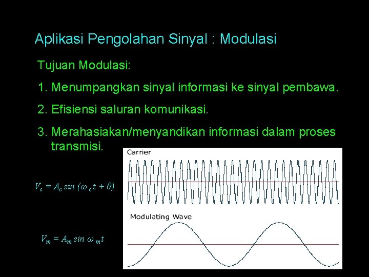 Aplikasi Pengolahan Sinyal : Modulasi Tujuan Modulasi: 1. Menumpangkan sinyal informasi ke sinyal pembawa.