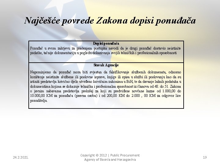 Najčešće povrede Zakona dopisi ponuđača Dopisi ponuđača Ponuđač u svom zahtjevu za praćenjem postupka
