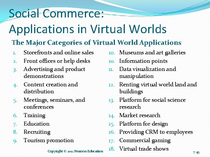 Social Commerce: Applications in Virtual Worlds The Major Categories of Virtual World Applications 1.