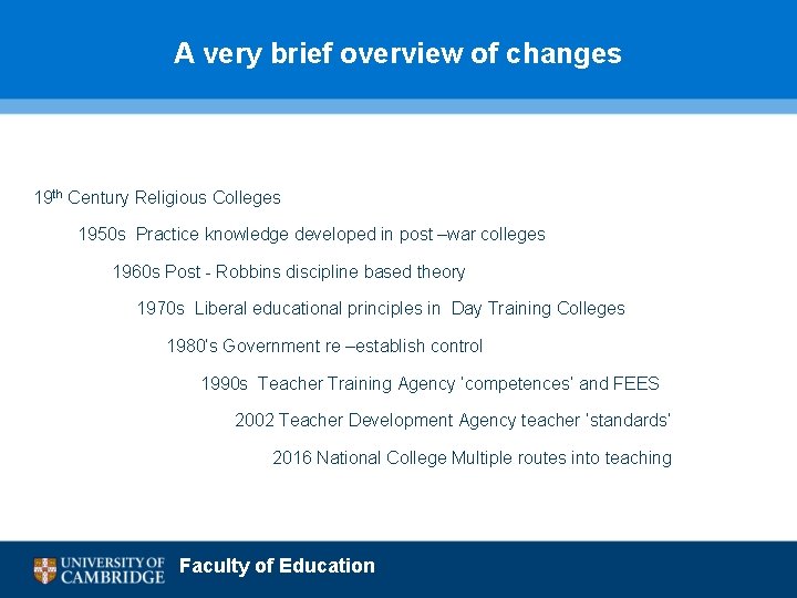 A very brief overview of changes 19 th Century Religious Colleges 1950 s Practice