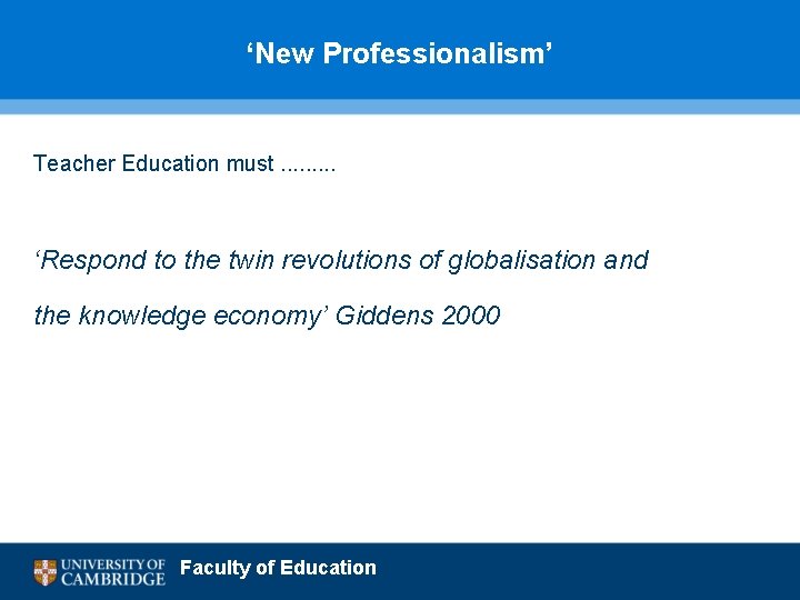 ‘New Professionalism’ Teacher Education must. . ‘Respond to the twin revolutions of globalisation and