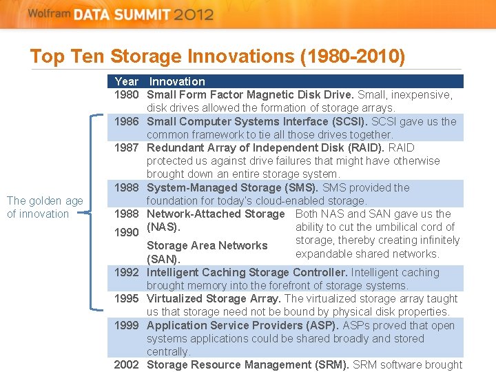 Top Ten Storage Innovations (1980 -2010) The golden age of innovation Year Innovation 1980 Top Ten Storage Innovations (1980 -2010) The golden age of innovation Year Innovation 1980