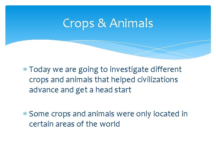 Crops & Animals Today we are going to investigate different crops and animals that