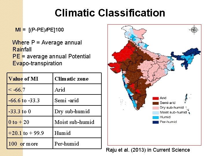 Climatic Classification MI = [(P-PE)/PE]100 Where P = Average annual Rainfall PE = average