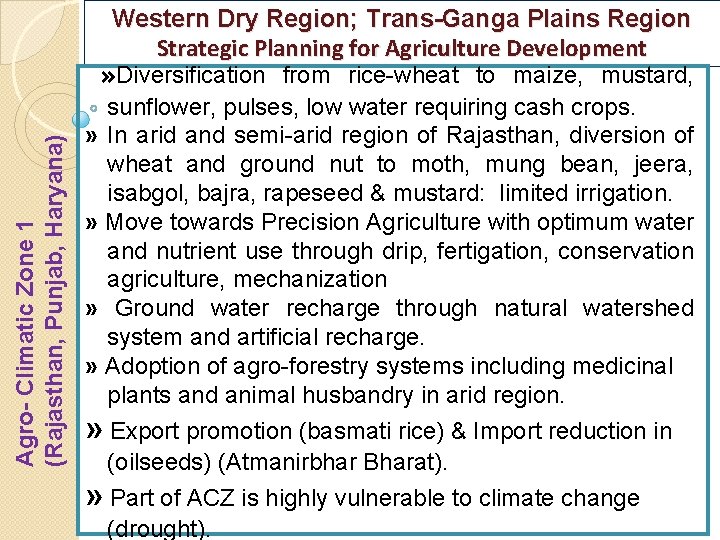 Agro- Climatic Zone 1 (Rajasthan, Punjab, Haryana) Western Dry Region; Trans-Ganga Plains Region Strategic