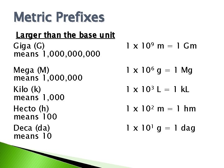 Metric Prefixes Larger than the base unit Giga (G) means 1, 000, 000 Mega