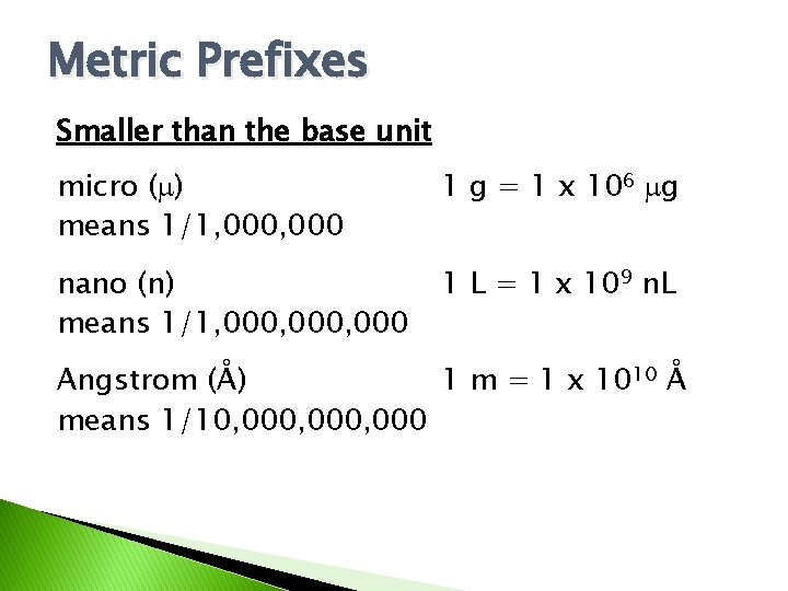 Metric Prefixes Smaller than the base unit micro ( ) means 1/1, 000 1