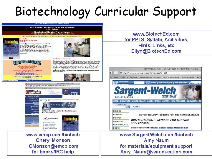 Biotechnology Curricular Support www. Biotech. Ed. com for PPTS, Syllabi, Acitivities, Hints, Links, etc