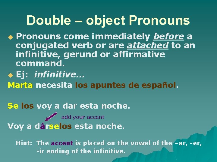 Double – object Pronouns come immediately before a conjugated verb or are attached to