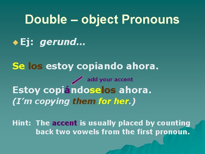 Double – object Pronouns u Ej: gerund… Se los estoy copiando ahora. add your