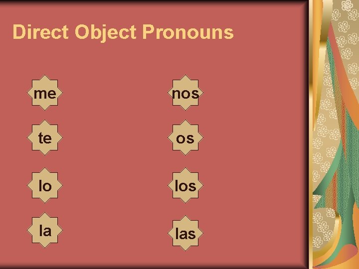 Direct Object Pronouns me nos te os lo los la las 