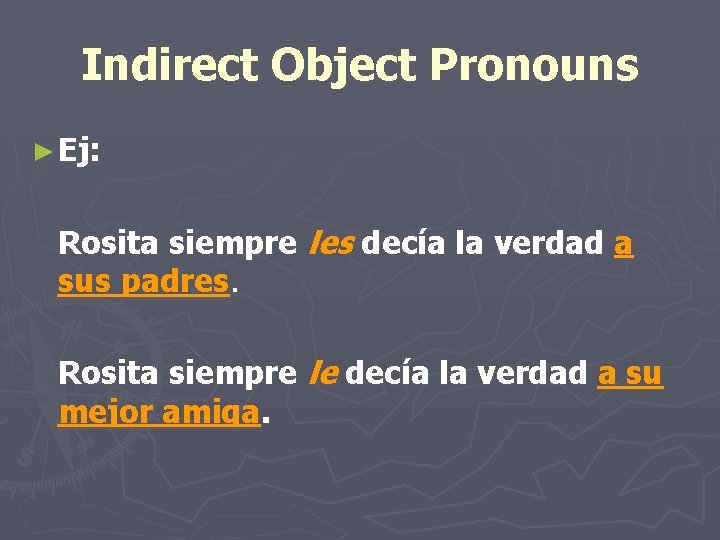 Indirect Object Pronouns ► Ej: Rosita siempre les decía la verdad a sus padres.