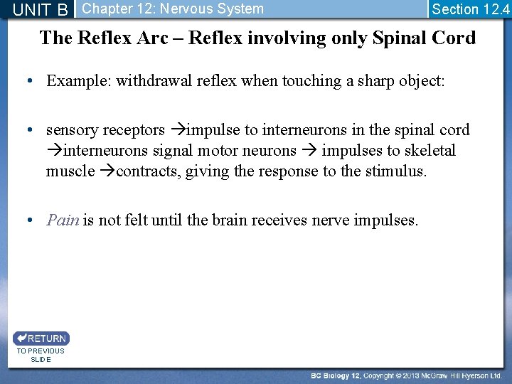 UNIT B Chapter 12: Nervous System Section 12. 4 The Reflex Arc – Reflex
