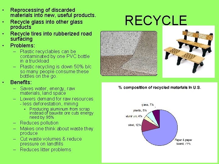  • • Reprocessing of discarded materials into new, useful products. Recycle glass into