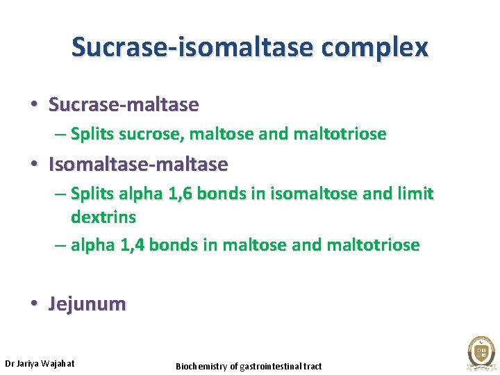 Sucrase-isomaltase complex • Sucrase-maltase – Splits sucrose, maltose and maltotriose • Isomaltase-maltase – Splits