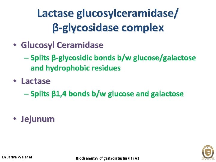 Lactase glucosylceramidase/ β-glycosidase complex • Glucosyl Ceramidase – Splits β-glycosidic bonds b/w glucose/galactose and