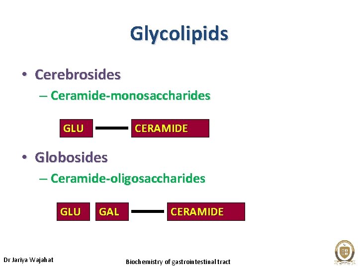 Glycolipids • Cerebrosides – Ceramide-monosaccharides GLU CERAMIDE • Globosides – Ceramide-oligosaccharides GLU Dr Jariya