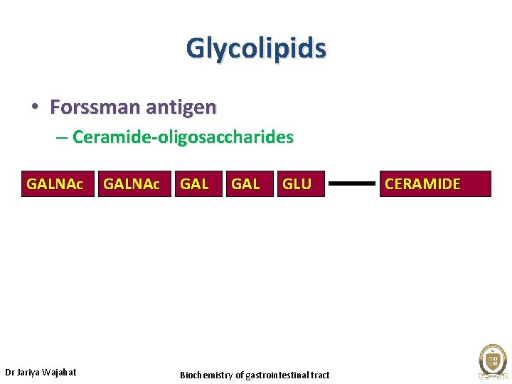 Glycolipids • Forssman antigen – Ceramide-oligosaccharides GALNAc Dr Jariya Wajahat GALNAc GAL GLU Biochemistry
