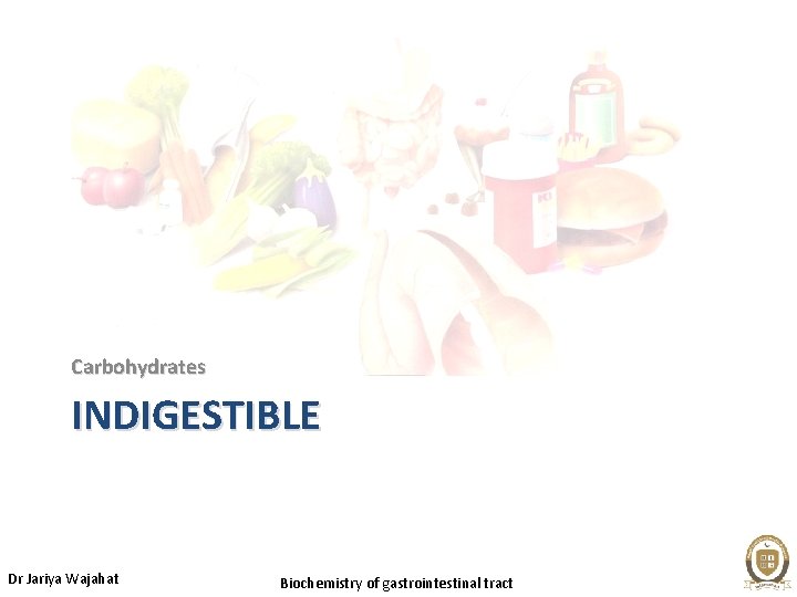 Carbohydrates INDIGESTIBLE Dr Jariya Wajahat Biochemistry of gastrointestinal tract 